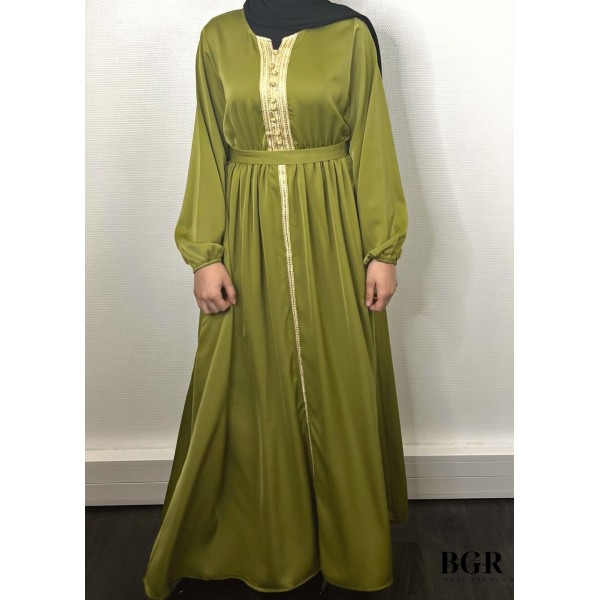Robe Brodée Longue Avec Ceinture Vert Olive