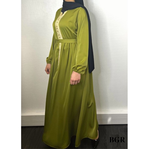 Robe Brodée Longue Avec Ceinture Vert Olive