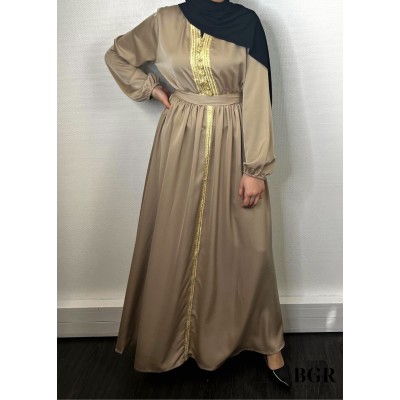 Robe Brodée Longue Avec Ceinture Beige 2