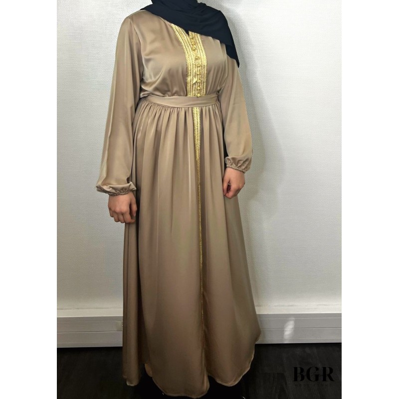 Robe Brodée Longue Avec Ceinture Beige