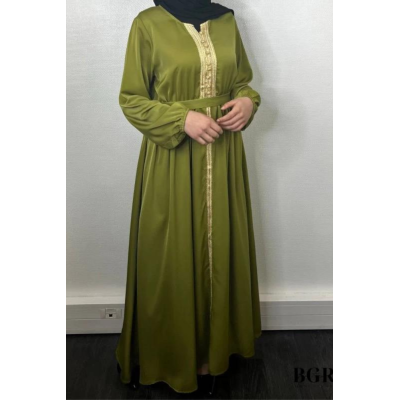 Robe Brodée Longue Avec Ceinture Vert Olive 2