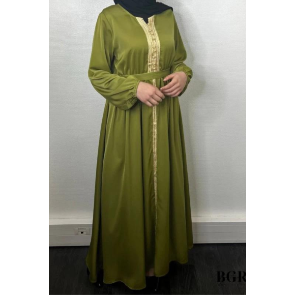 Robe Brodée Longue Avec Ceinture Vert Olive