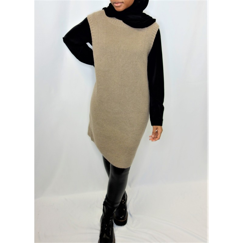 Pull laine sans manches marron  - 2