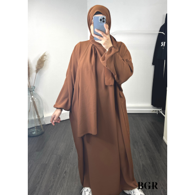Robe De Prière Marron Avec Hijab Foulard Voile Intégré 2