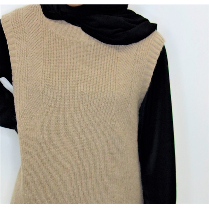 Pull laine sans manches marron  - 3