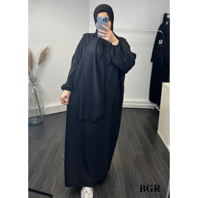 Robe De Prière Noire Avec Hijab Foulard Voile Intégré 2