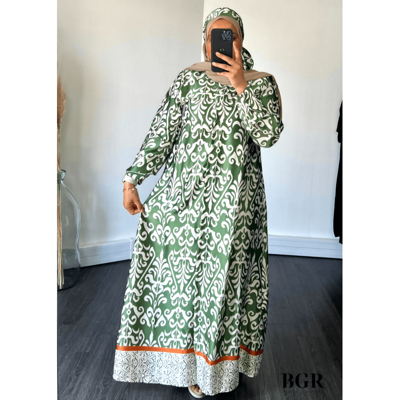 Robe Longue Femme Avec Bouton Et Ceinture Inaya - Modèle avec Motifs, Manches Longues - Disponible en Noir, Bleu et Vert | BGR B