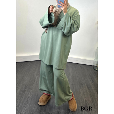 ENSEMBLE FEMME PANTALON ET T-SHIRT LONG VERT Annisa 2