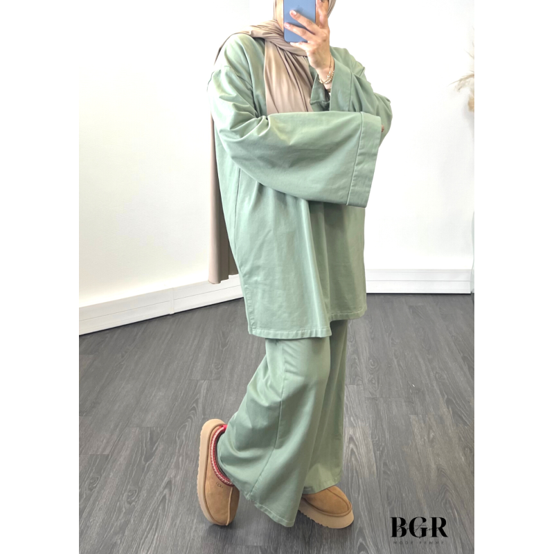 ENSEMBLE FEMME PANTALON ET T-SHIRT LONG VERT Annisa
