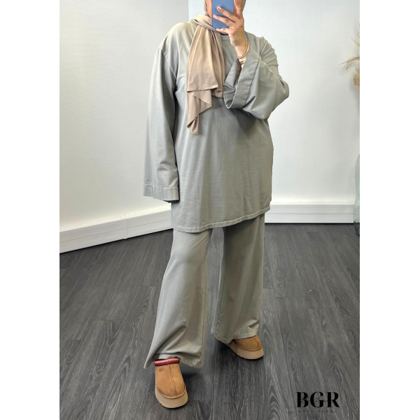 ENSEMBLE FEMME PANTALON ET T-SHIRT LONG GRIS TAUPE Annisa