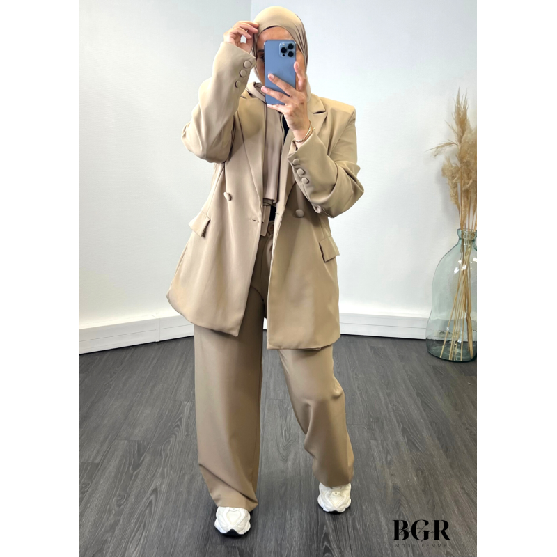 Ensemble tailleur femme camel coupe oversize
