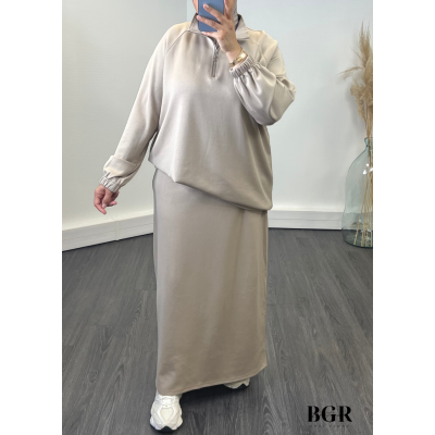 Ensemble Jupe Longue Pull Long à Col Zip Taupe 2