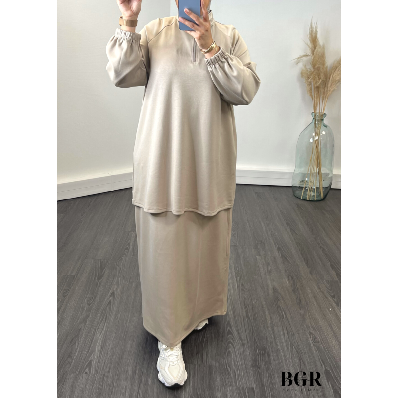 Ensemble Jupe Longue Pull Long à Col Zip Taupe