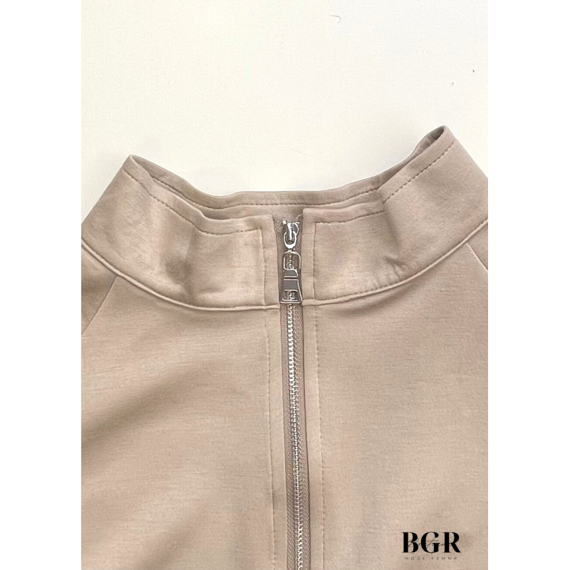 Ensemble Jupe Longue Pull Long à Col Zip Taupe