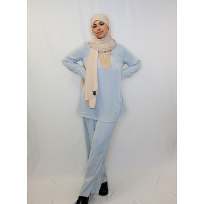 Ensemble Tunique Col Brodé Pantalon Large Bleu  - 1