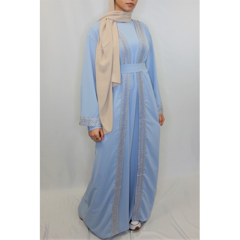 Kimono Soie De Medine Bleu Broderie Gold  - 3
