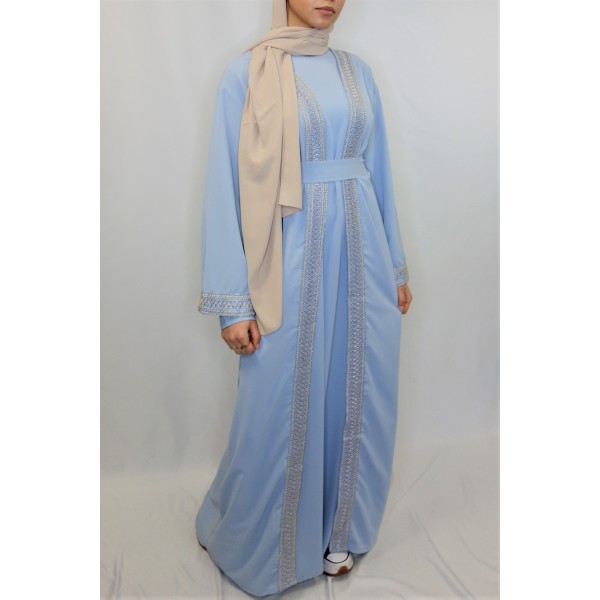 Kimono Soie De Medine Bleu Broderie Gold  - 3
