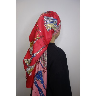 Foulard Grand Carré De Soie Rouge  - 2 2